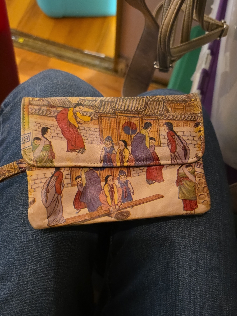 Hand-Painted Asian Scene Leather Wristlet Clutch in Multi-Color